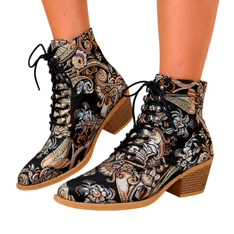 Harriet - Women’s Floral Lace-Up Pointed Toe Ankle Boots 8