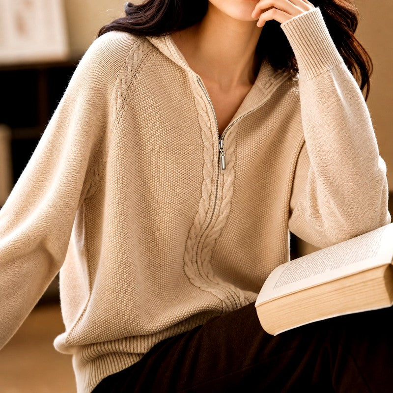 Helena - Women's Cable Half-Zip Loose Hooded Sweater 2