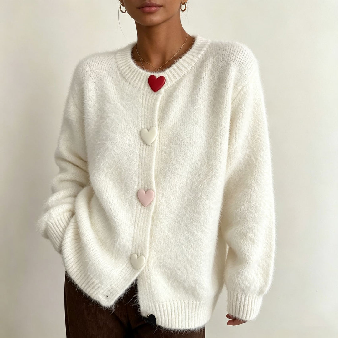 Henrietta - Women's Heart Button Crew Neck Knit Cardigan 1