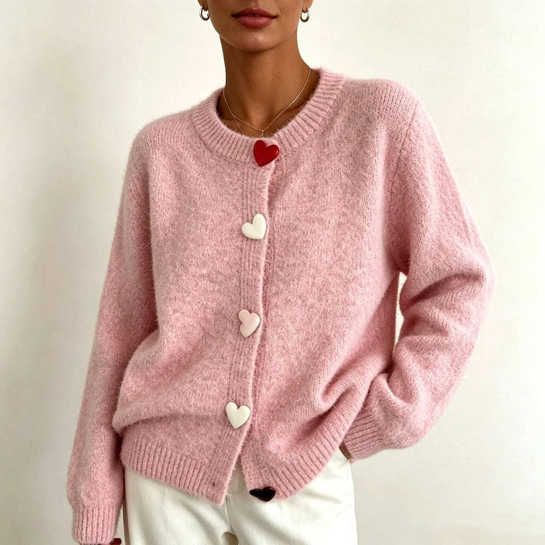 Henrietta - Women's Heart Button Crew Neck Knit Cardigan 2