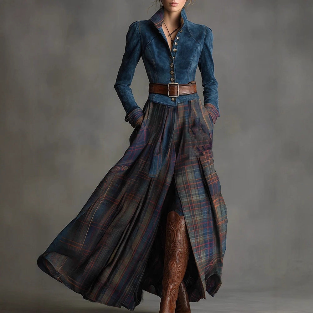 Hester - Women's Faux Suede Plaid Western Long Sleeve Dress 1
