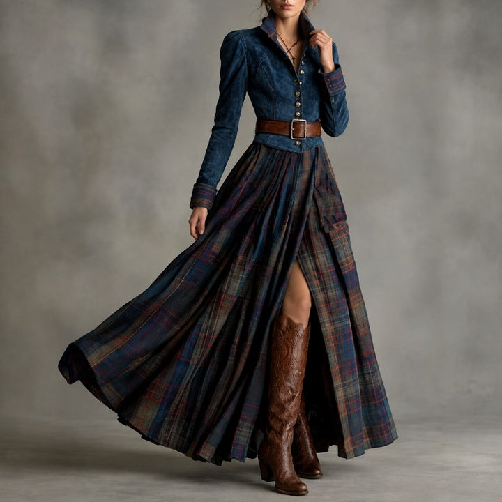 Hester - Women's Faux Suede Plaid Western Long Sleeve Dress 2