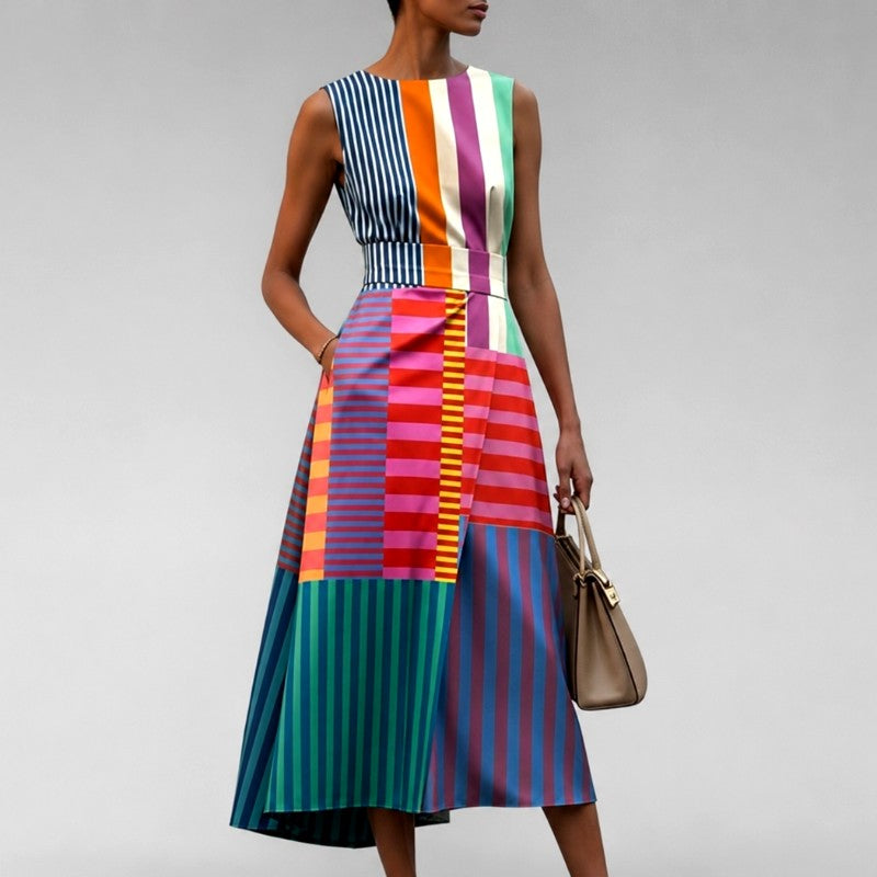 Iona - Women's Colorblock Stripe Sleeveless Midi Dress 2