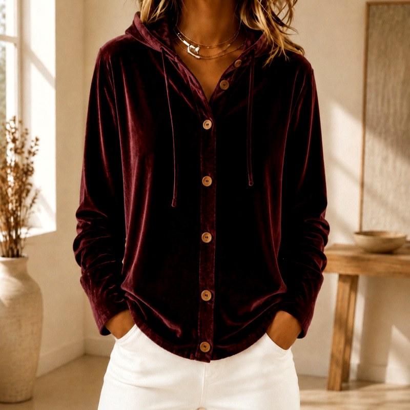 Isabel - Women's Velvet Button-Front Hooded Carrdigan 4