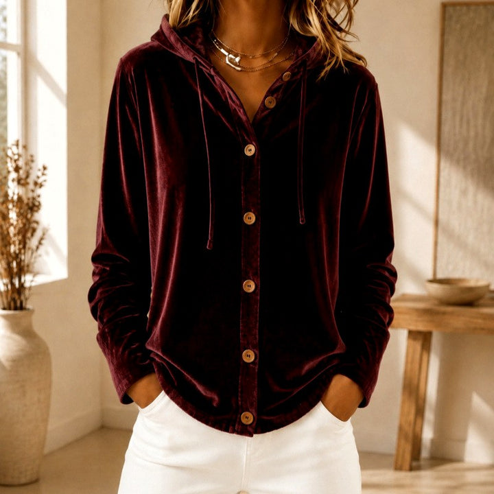Isabel - Women's Velvet Button-Front Hooded Carrdigan 4
