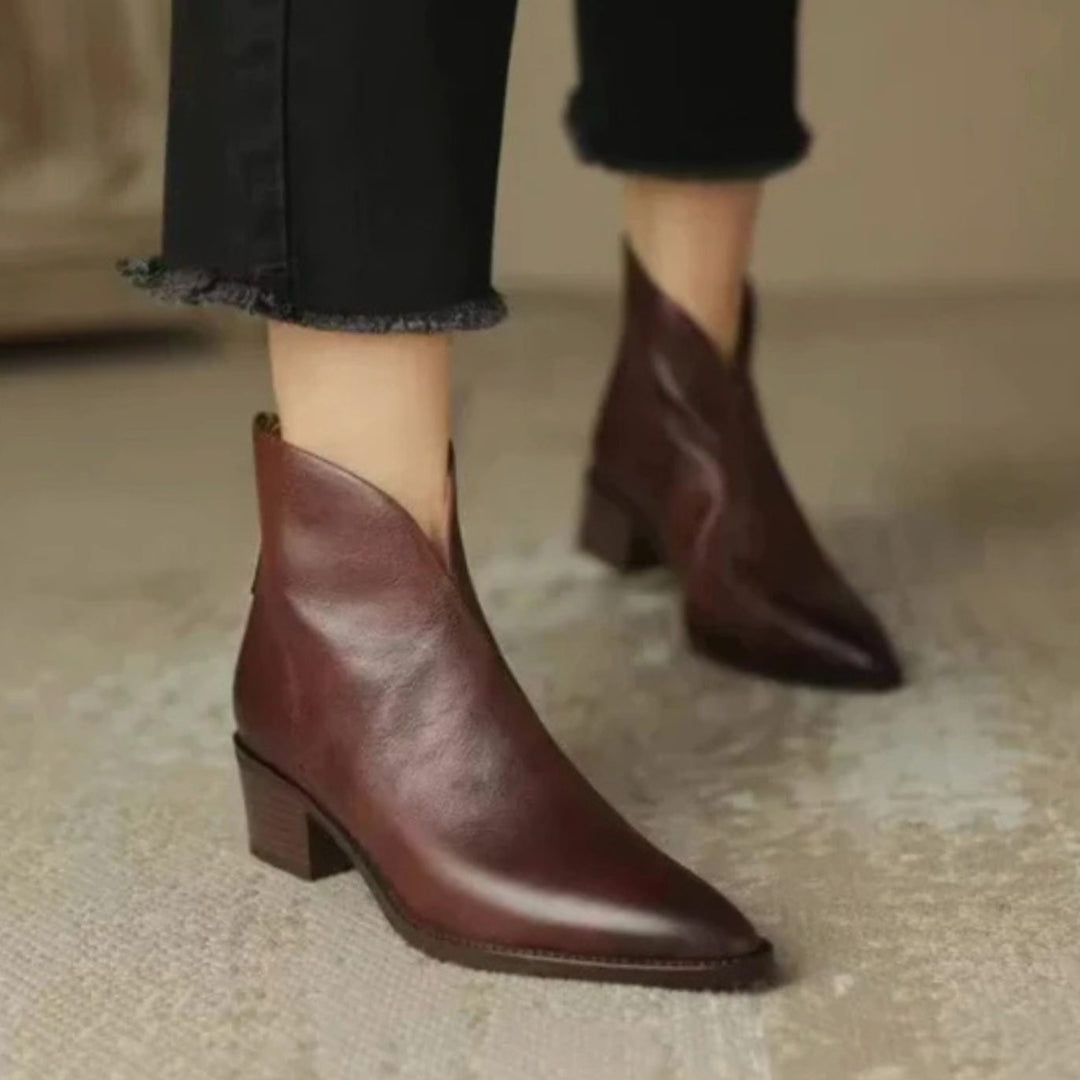 Ishie - Women's Pointed-Toe Ankle Boots with Rear Zip and Block Heel