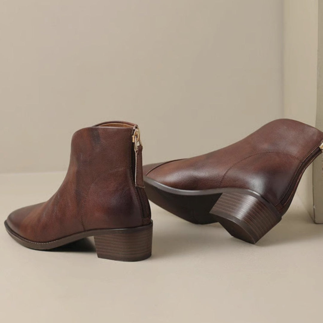 Ishie - Women's Pointed-Toe Ankle Boots with Rear Zip and Block Heel