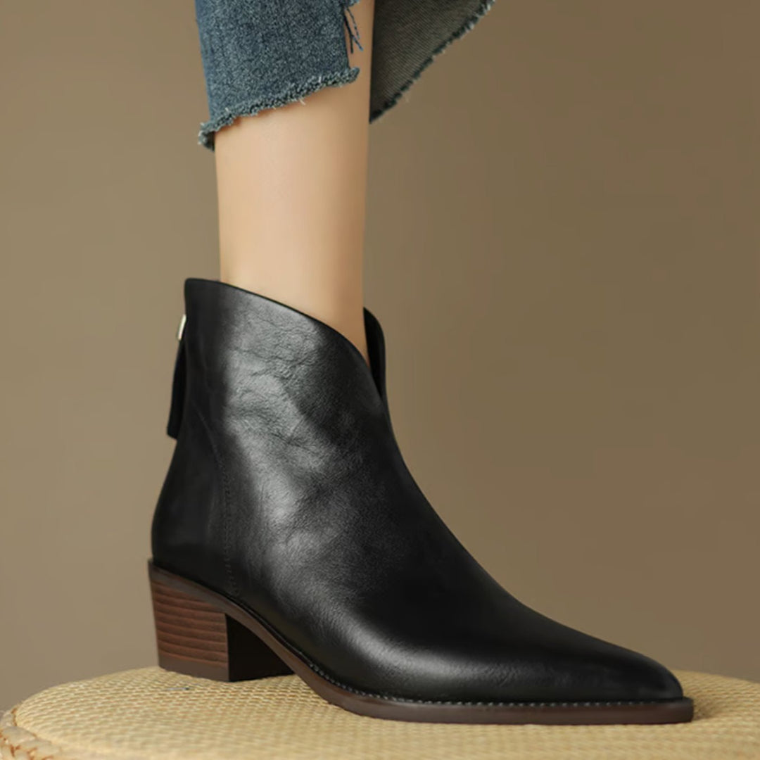 Ishie - Women's Pointed-Toe Ankle Boots with Rear Zip and Block Heel