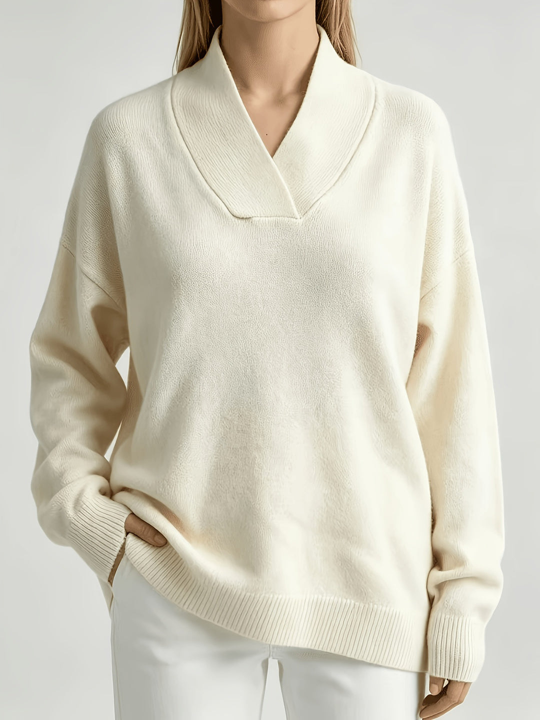 Ivory - Women's Shawl Collar Long Sleeve Loose Top 1