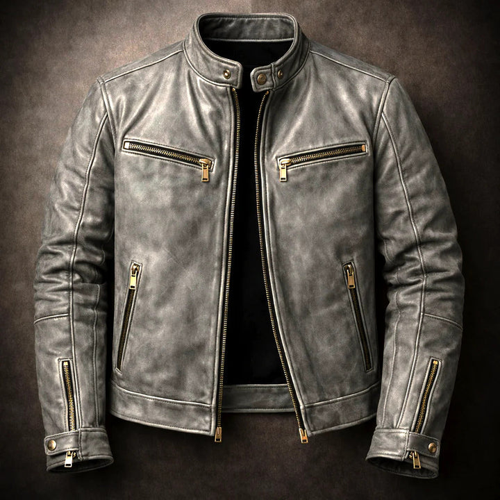 Jace - Men's Distressed Leather Moto Jacket with Zip Pockets