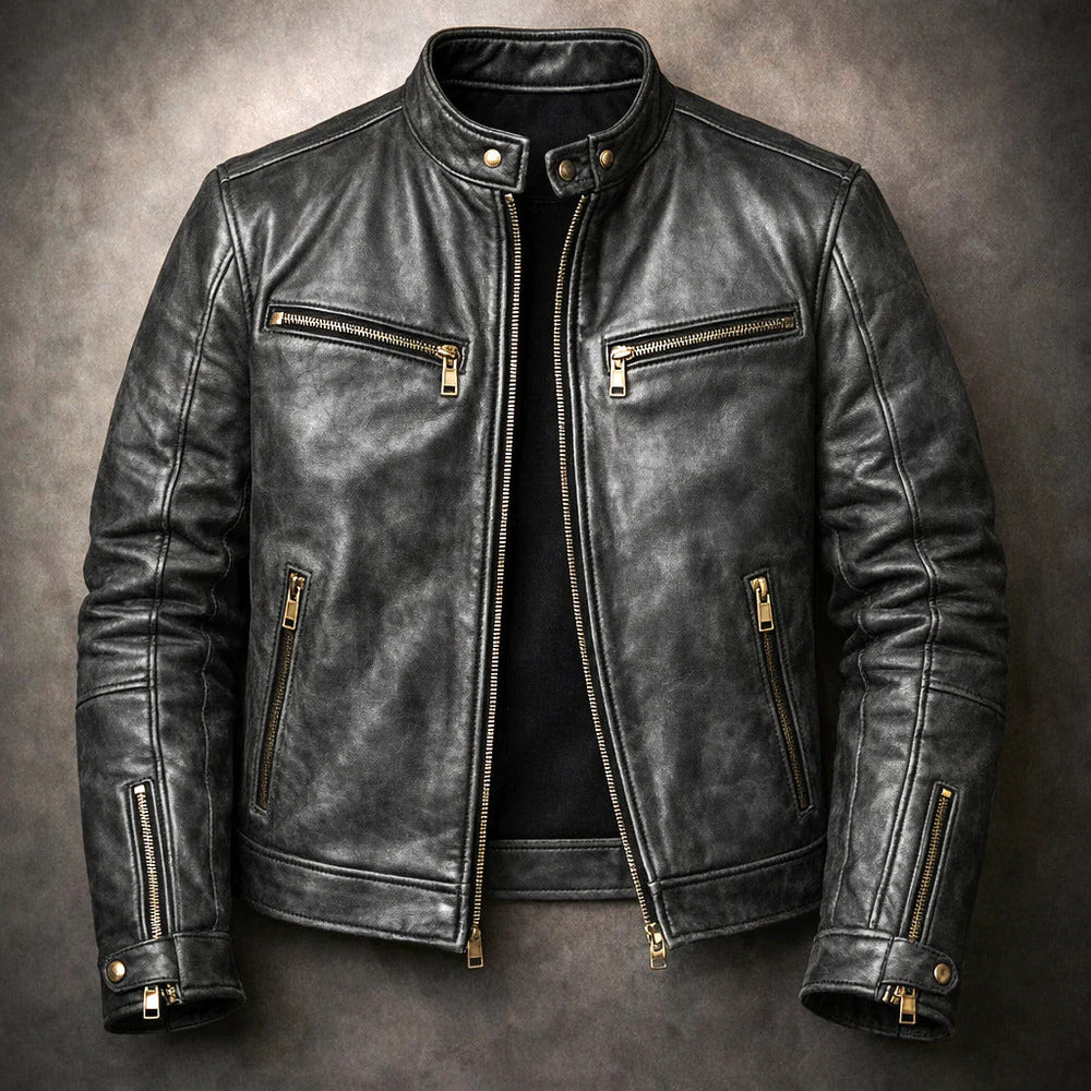 Jace - Men's Distressed Leather Moto Jacket with Zip Pockets