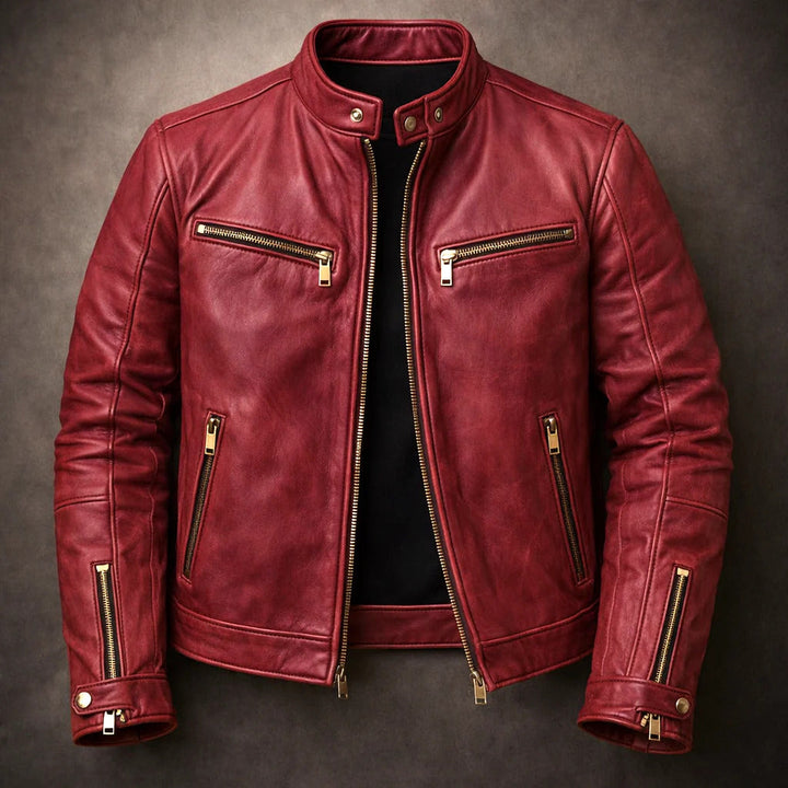Jace - Men's Distressed Leather Moto Jacket with Zip Pockets