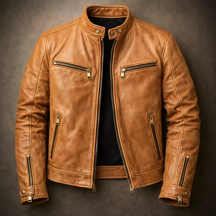 Jace - Men's Distressed Leather Moto Jacket with Zip Pockets