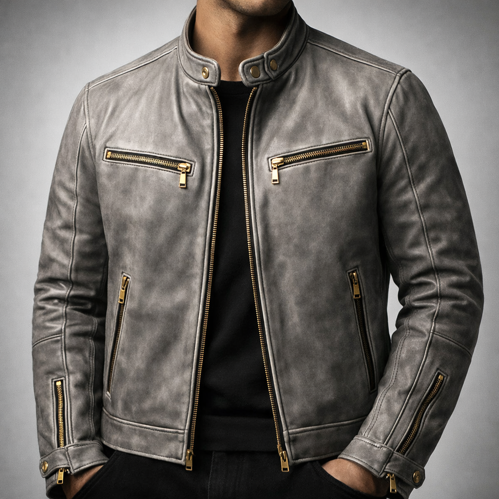 Jace - Men's Distressed Leather Moto Jacket with Zip Pockets