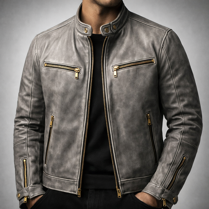 Jace - Men's Distressed Leather Moto Jacket with Zip Pockets