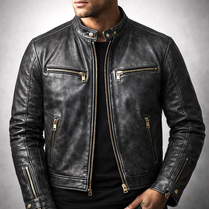 Jace - Men's Distressed Leather Moto Jacket with Zip Pockets