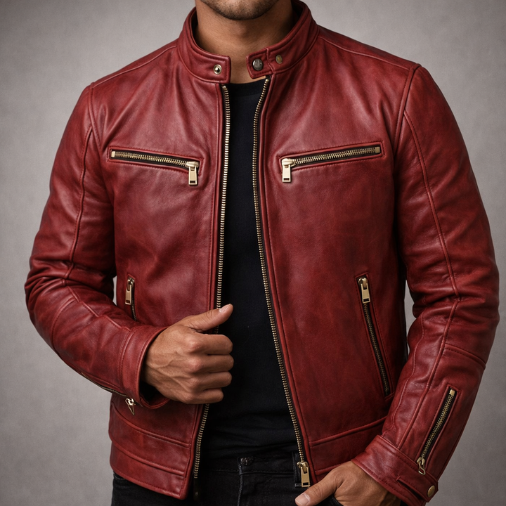 Jace - Men's Distressed Leather Moto Jacket with Zip Pockets