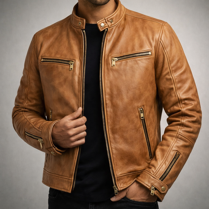 Jace - Men's Distressed Leather Moto Jacket with Zip Pockets