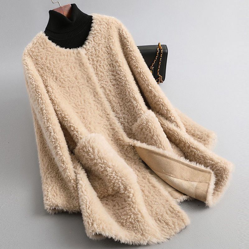 Jade - Women's Fluffy Shearling Coat with Draped Silhouette