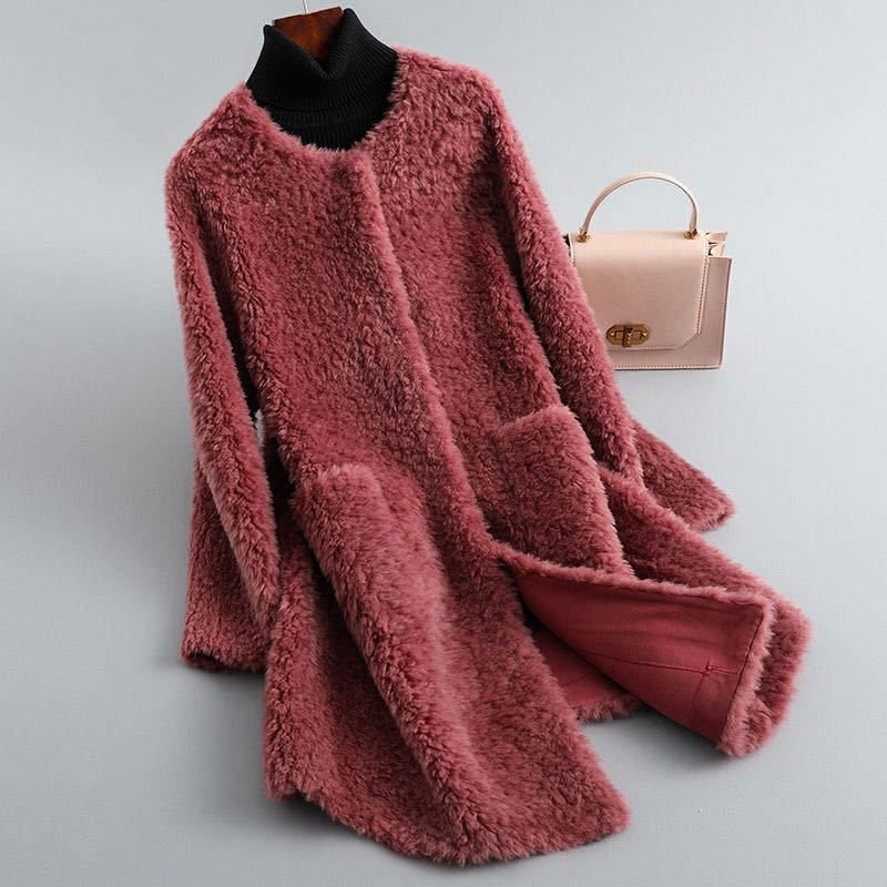 Jade - Women's Fluffy Shearling Coat with Draped Silhouette