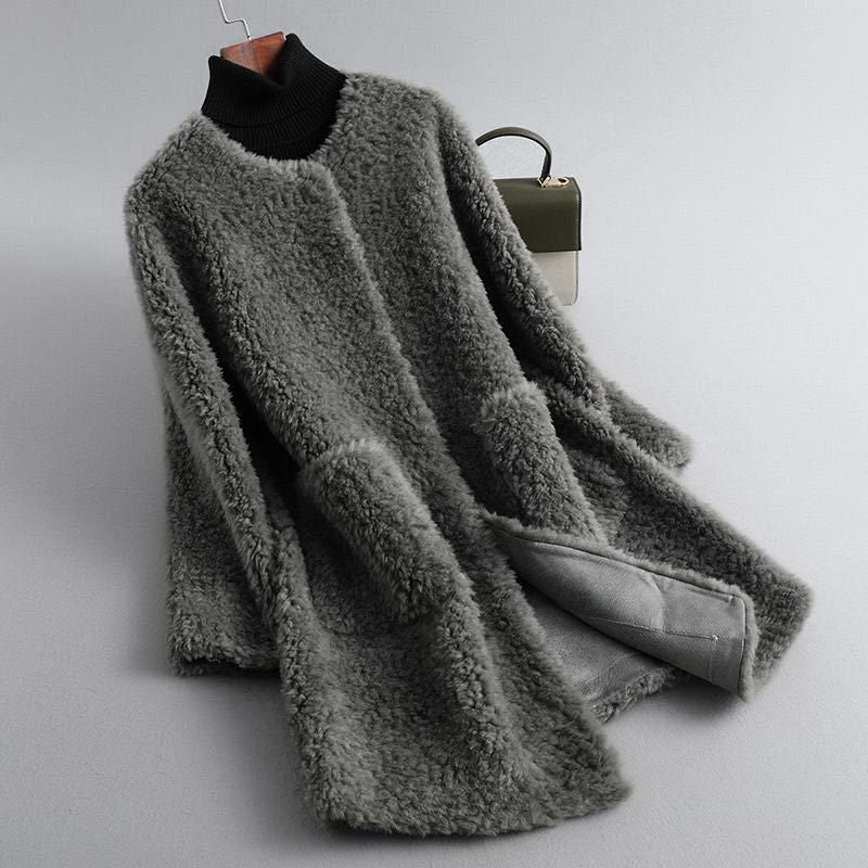 Jade - Women's Fluffy Shearling Coat with Draped Silhouette