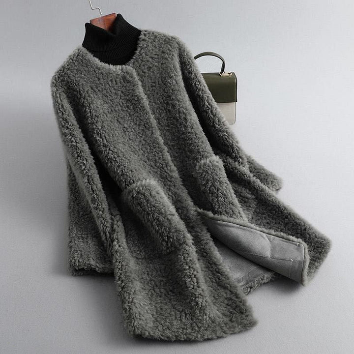 Jade - Women's Fluffy Shearling Coat with Draped Silhouette