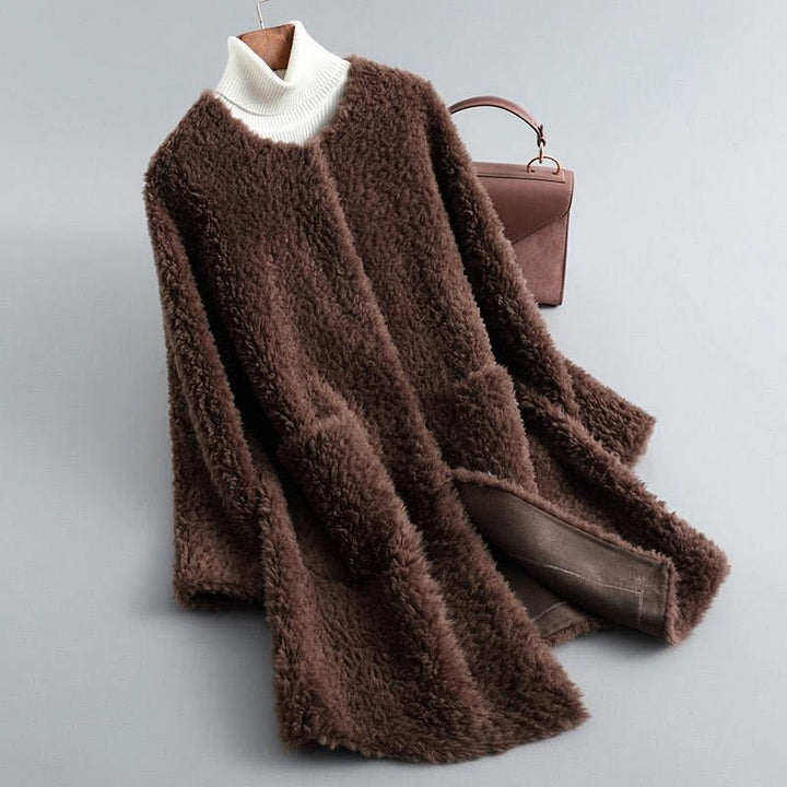 Jade - Women's Fluffy Shearling Coat with Draped Silhouette
