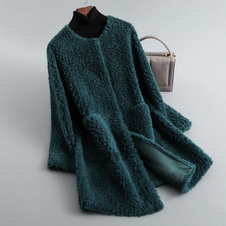 Jade - Women's Fluffy Shearling Coat with Draped Silhouette