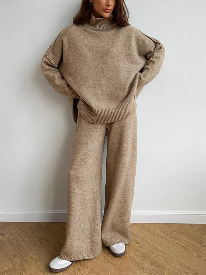 Jane - Women's Turtleneck Sweater and Wide-Leg Knit Pants Set