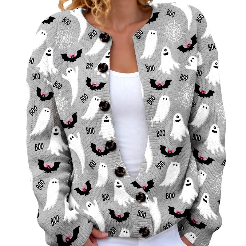 Janice - Women's Halloween Graphic Print Button Cardigan 5
