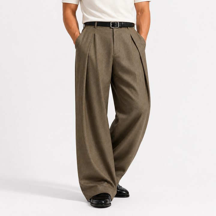 Jasper - Men's Pleated Front Wide-Leg Trousers with Fitted Waistband