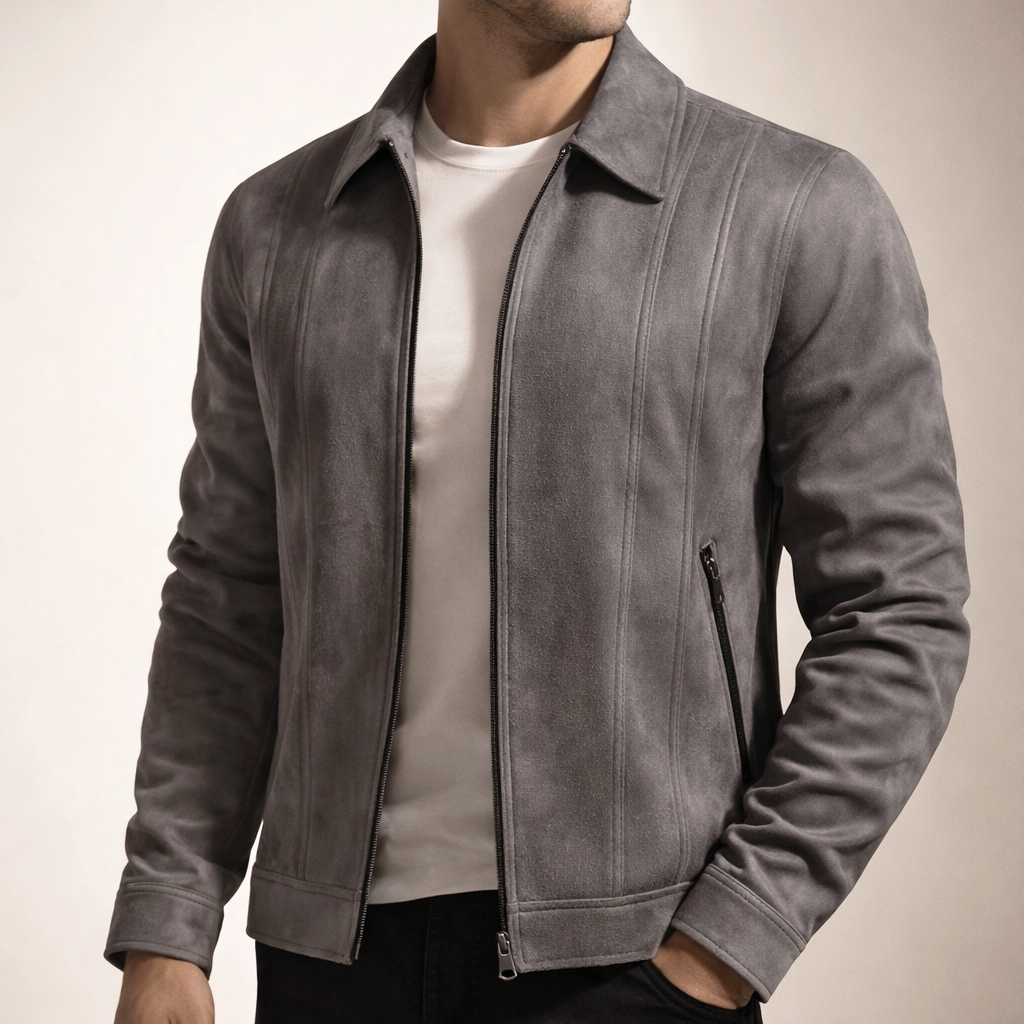 Jasper - Men's Zip-Front Suede Jacket with Notch Collar