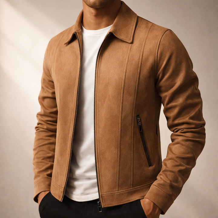Jasper - Men's Zip-Front Suede Jacket with Notch Collar
