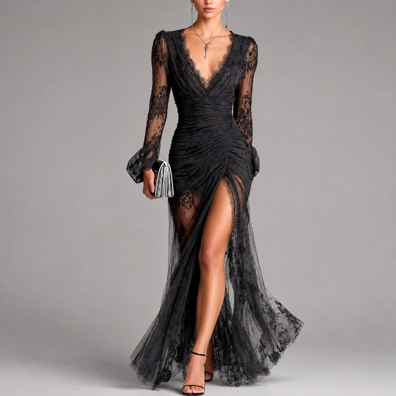 Jenifer - Women's Lace V-Neck Draped Formal Maxi Dress 1
