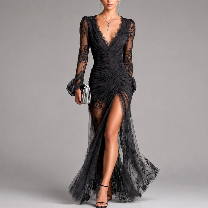 Jenifer - Women's Lace V-Neck Draped Formal Maxi Dress 1