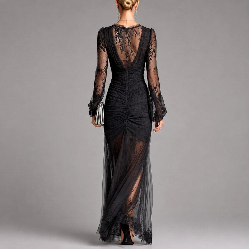 Jenifer - Women's Lace V-Neck Draped Formal Maxi Dress 3