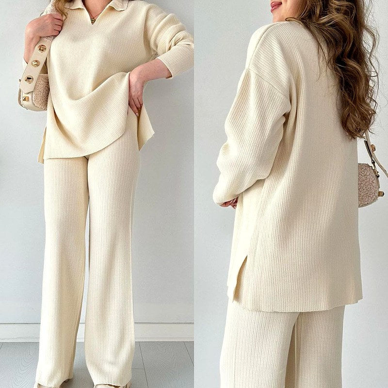 Jessica - Women's Ribbed Knit Polo Top and Wide Leg Pants Set 2