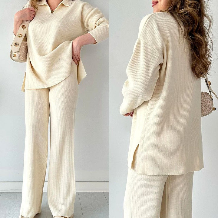 Jessica - Women's Ribbed Knit Polo Top and Wide Leg Pants Set 2