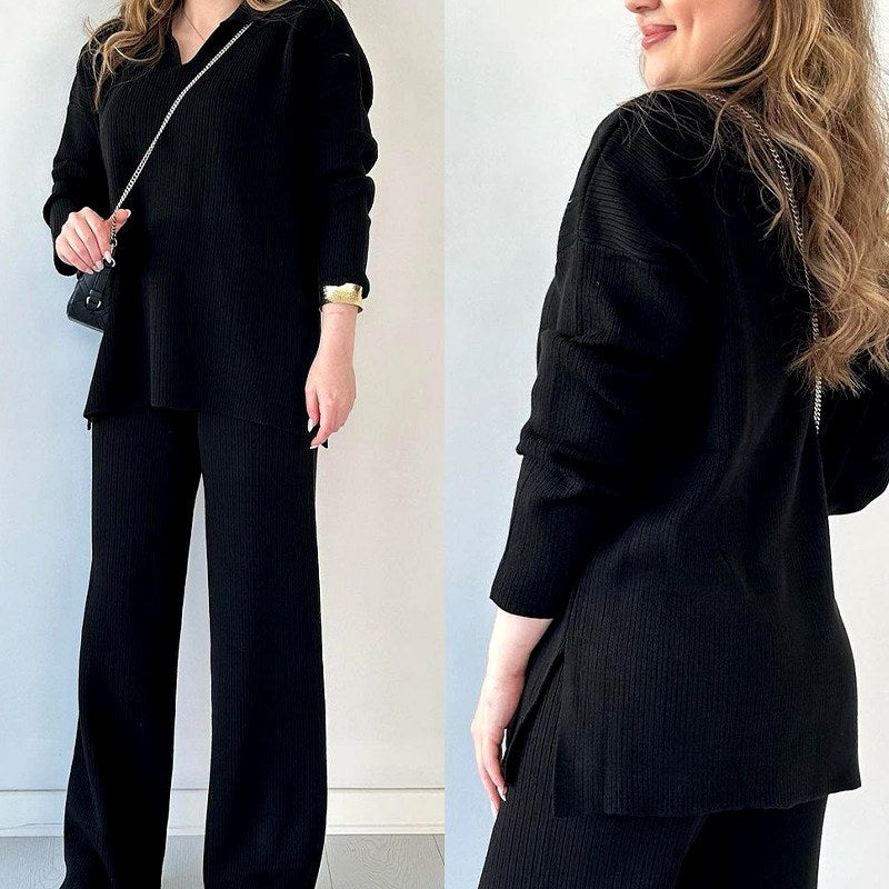 Jessica - Women's Ribbed Knit Polo Top and Wide Leg Pants Set 3