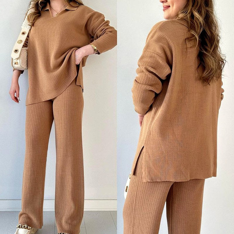 Jessica - Women's Ribbed Knit Polo Top and Wide Leg Pants Set 4