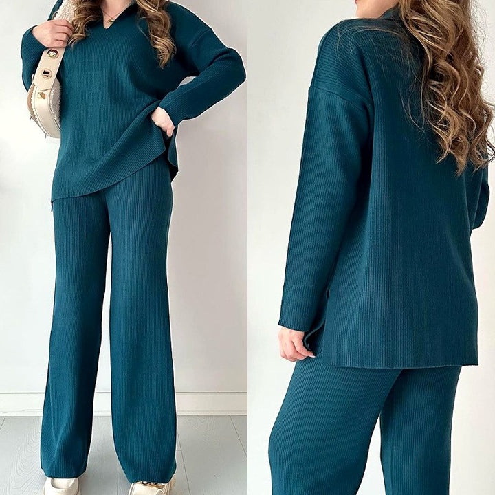 Jessica - Women's Ribbed Knit Polo Top and Wide Leg Pants Set 5