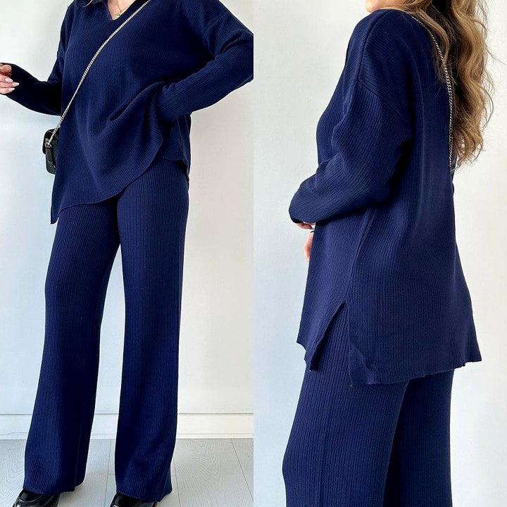 Jessica - Women's Ribbed Knit Polo Top and Wide Leg Pants Set 6