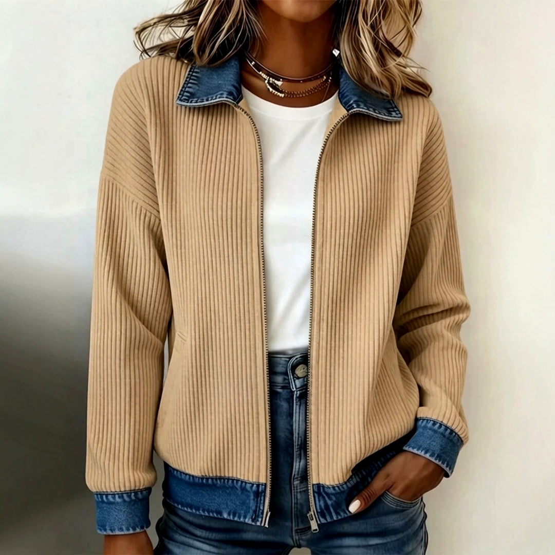 Jill - Women's Ribbed Zip-Up Cardigan with Denim Trim 2
