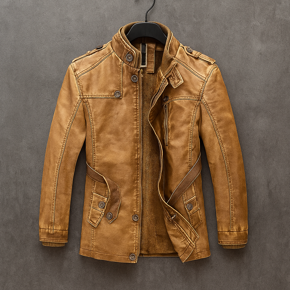 Jireh - Men's Button-Front Leather Coat with Corduroy Collar