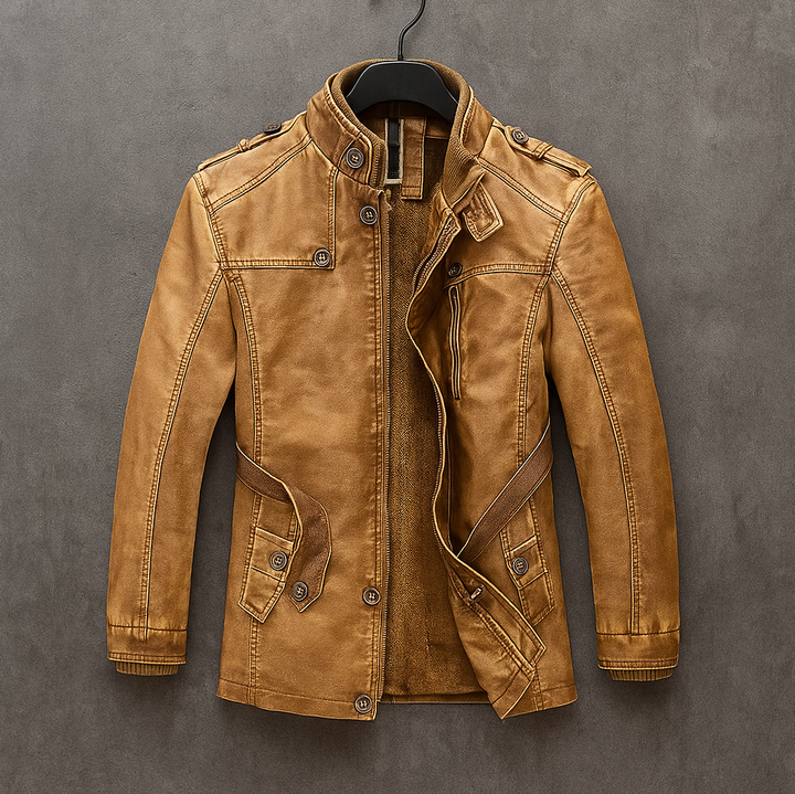 Jireh - Men's Button-Front Leather Coat with Corduroy Collar