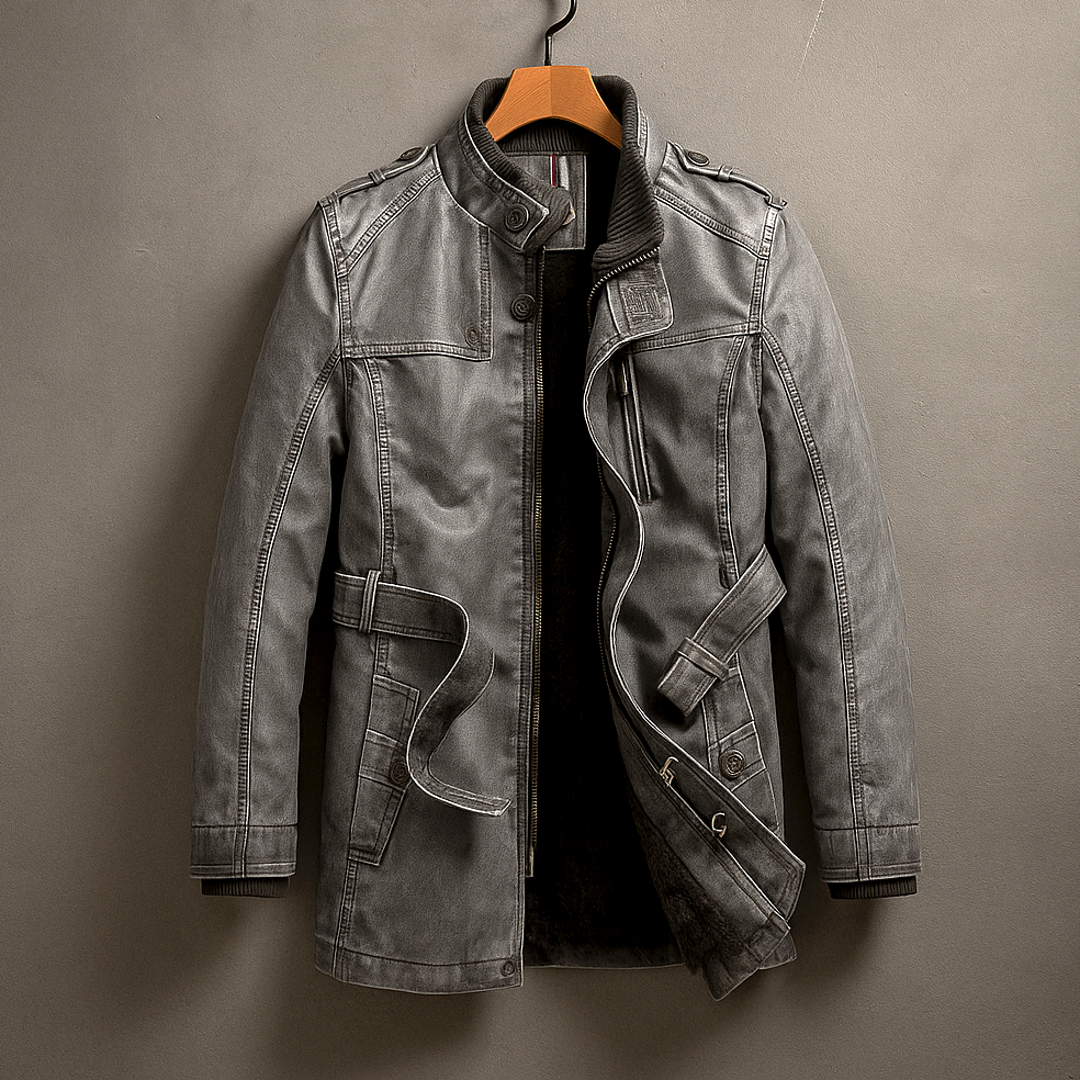 Jireh - Men's Button-Front Leather Coat with Corduroy Collar