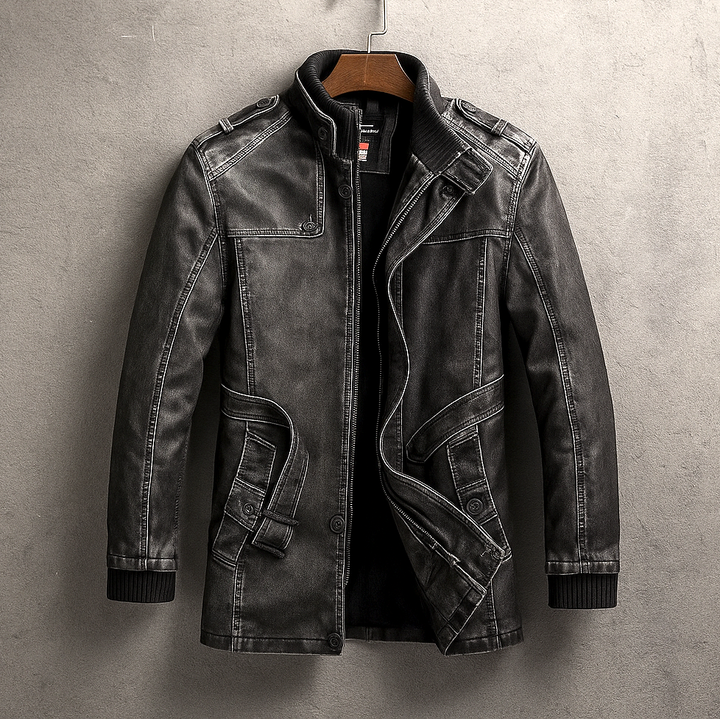 Jireh - Men's Button-Front Leather Coat with Corduroy Collar