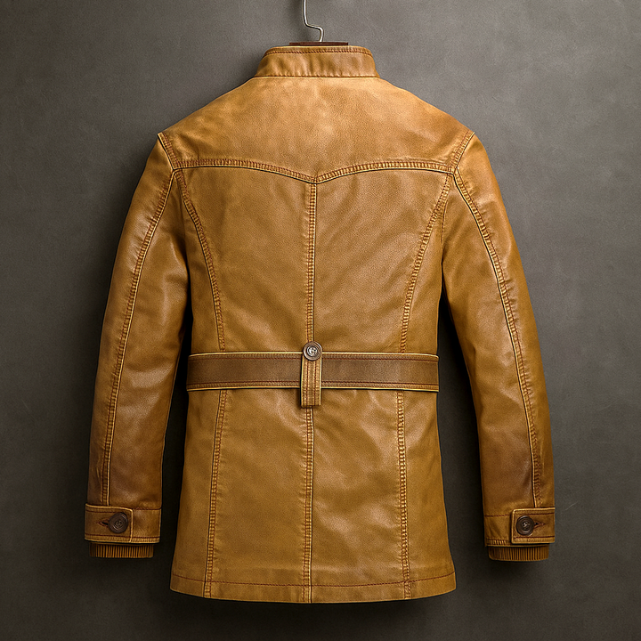Jireh - Men's Button-Front Leather Coat with Corduroy Collar