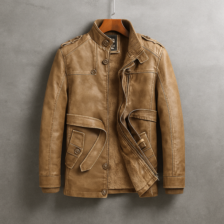 Jireh - Men's Button-Front Leather Coat with Corduroy Collar