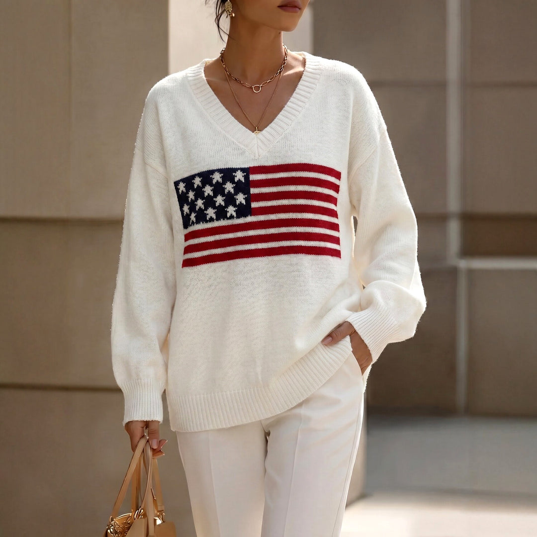 Jora - Women's American Flag V-Neck Knit Sweater 1